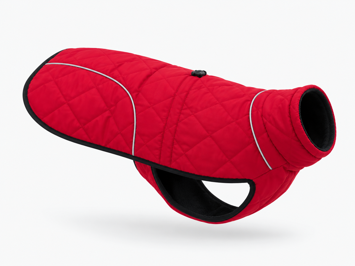 Abrigo acolchado rojo para perro con forro polar y ribetes reflectantes