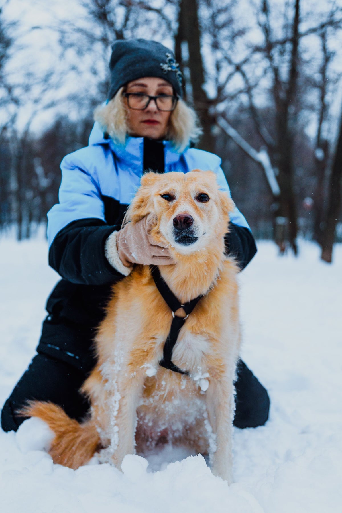 Mujer con chaqueta de invierno junto a su perro en un bosque nevado