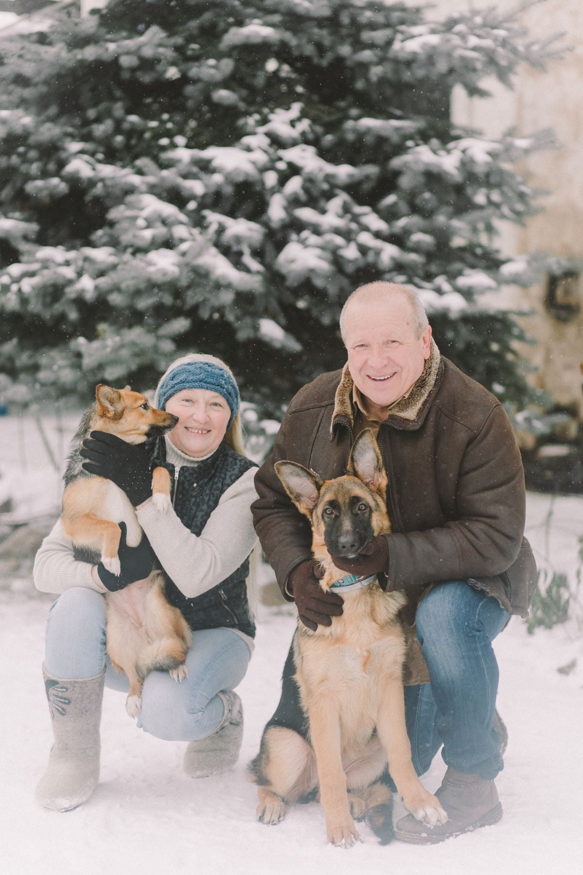 Pareja mayor agachada en la nieve junto a sus perros
