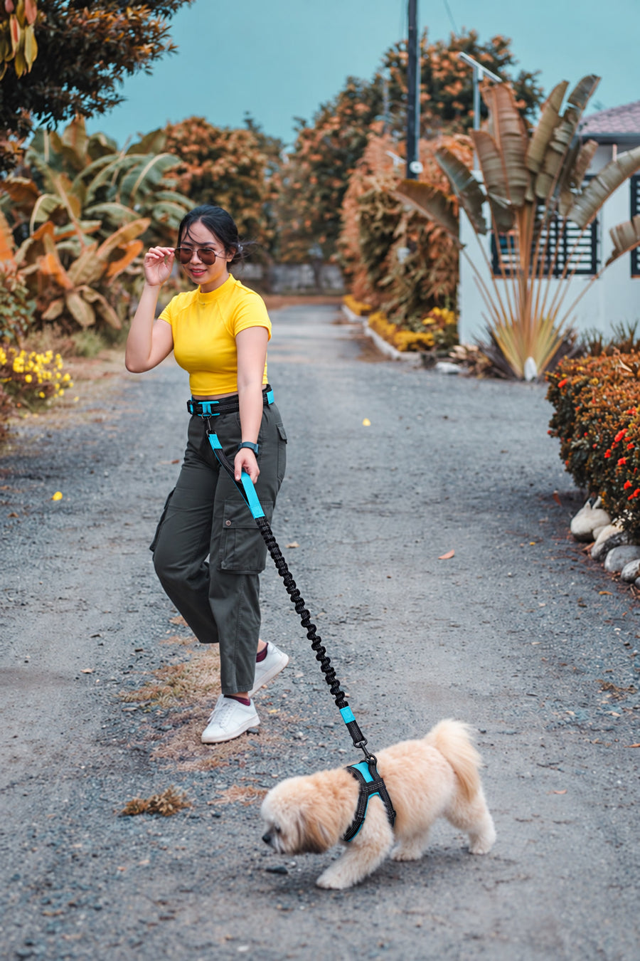 Mujer paseando a su perro con la correa manos libres NOVURA FreeMotion